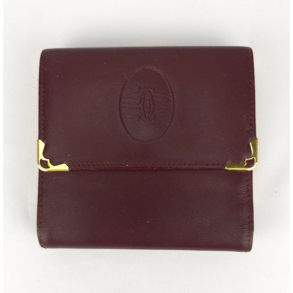 Vintage Cartier Burgundy Leather Tri Fold Wallet Gold Trim Kisslock Coin‎ Purse